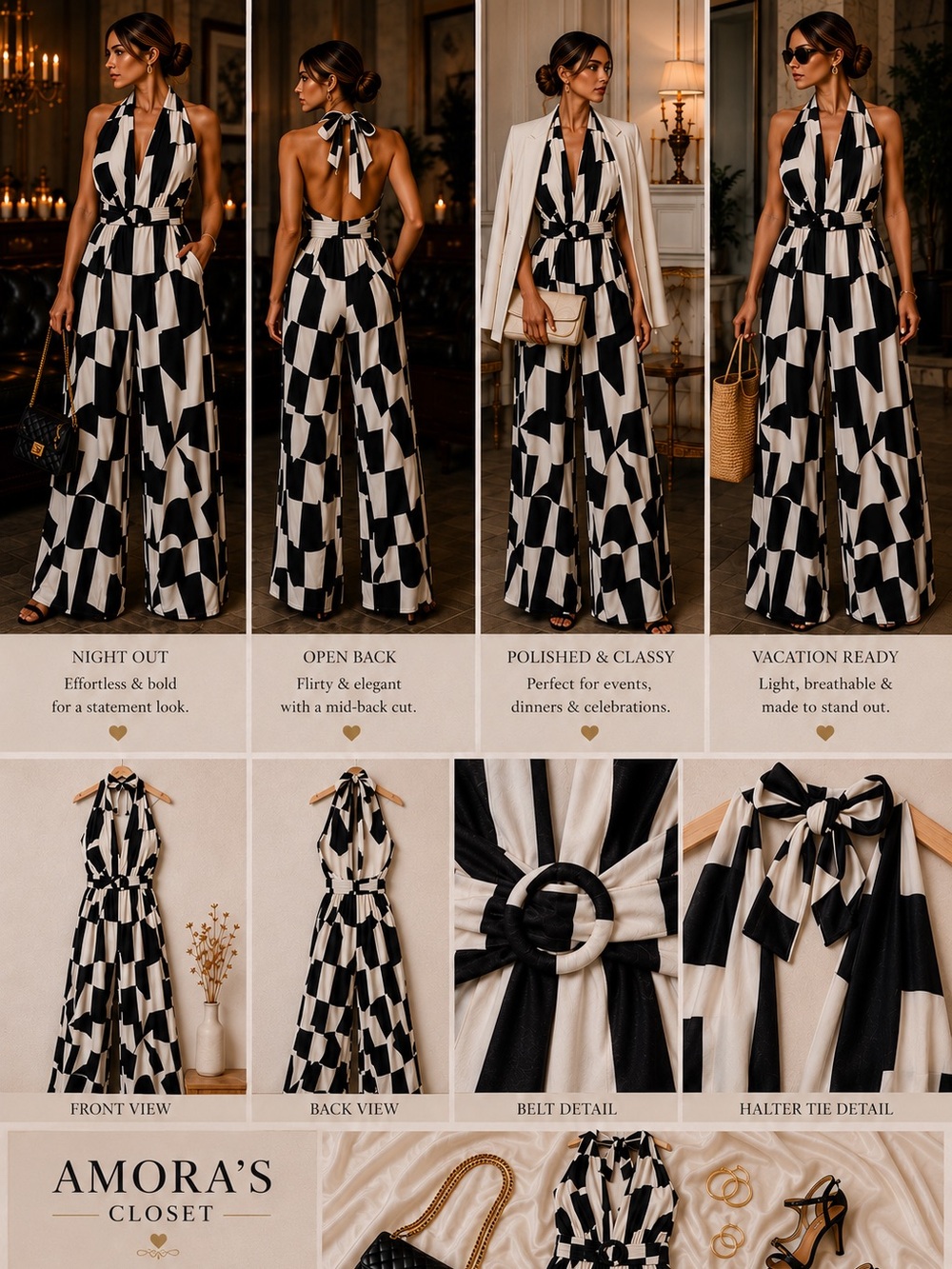 Black & White Geometric Halter Wide-Leg Jumpsuit
